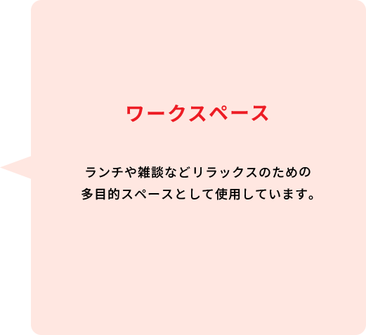 ワークスペース ランチや、雑談などリラックスのための多目的スペースとして使用しています。